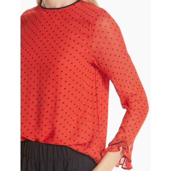 Ganni Mullin Georgette Blouse US 4 Red Black Polka Dot Sheer Long Sleeve Ruffle - Picture 3 of 13